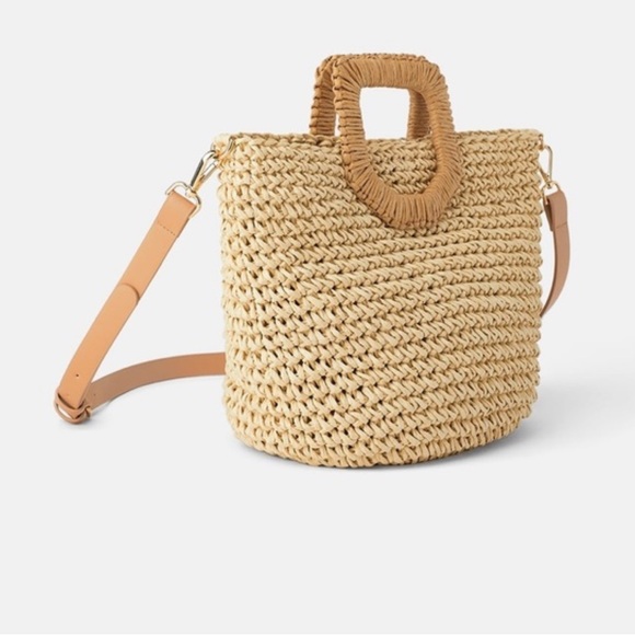 Zara Handbags - Zara Beige Woven Straw Crossbody Bag with Tan Leather Strap